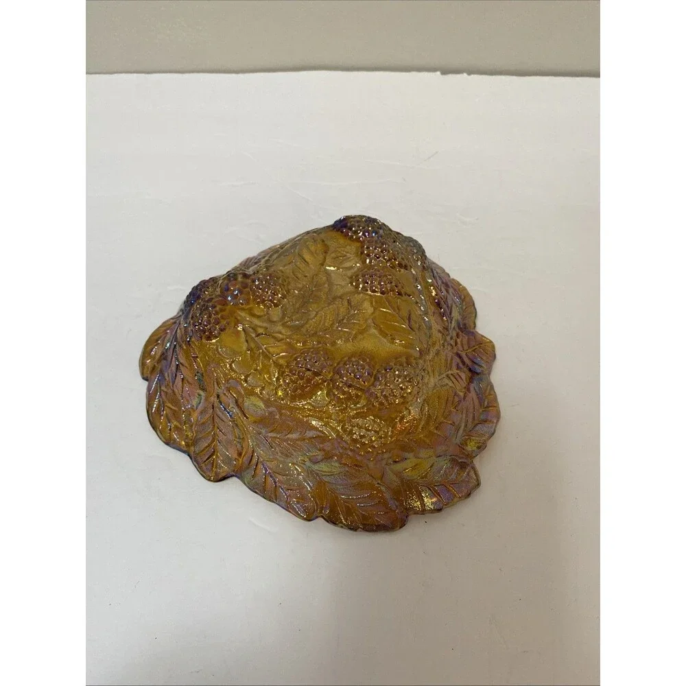 Vintage Indiana Carnival Glass Loganberry Leaf Amber Marigold Candy Dish Bowl